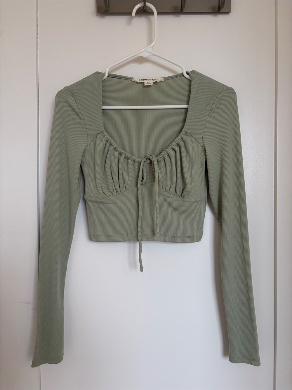 Sage Green Ribbed Tie Front Long Sleeve Crop Top